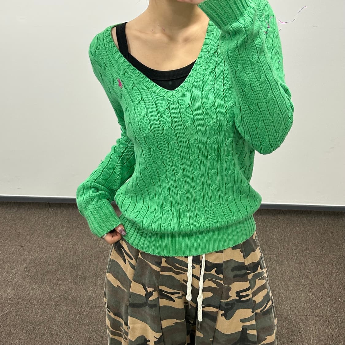 Polo 폴로 핑크 포니 그린 브이넥 케이블니트 상품이미지2