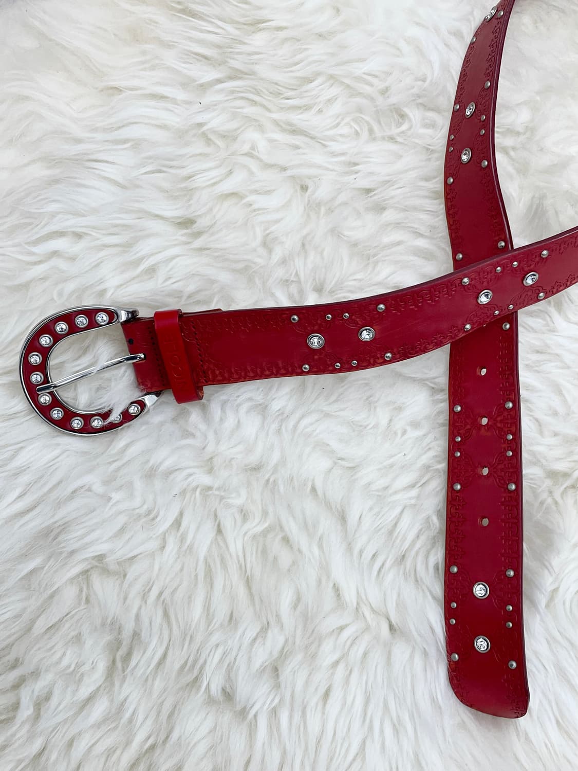 리얼레더 레드 큐빅 버클 벨트 상품이미지4