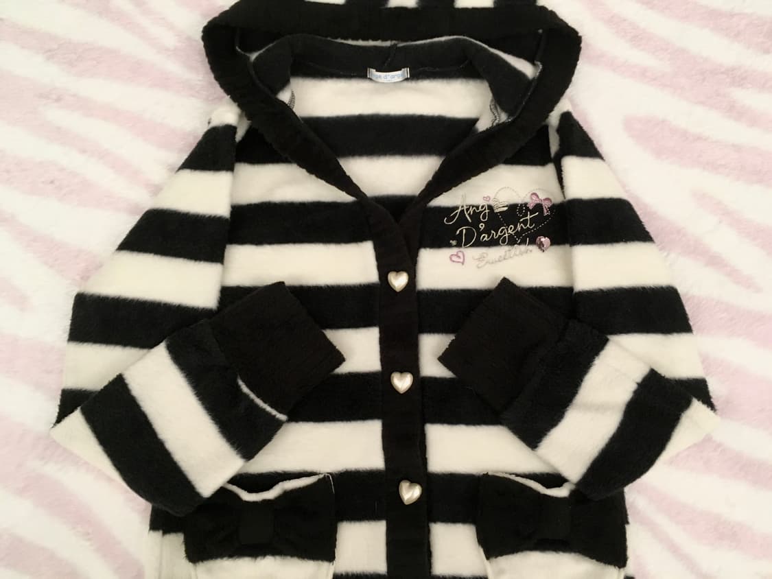 블랙 스트라이프 퍼 후드 가디건 하트쥬얼버튼 리본포켓 갸루 조지후쿠 상품이미지5