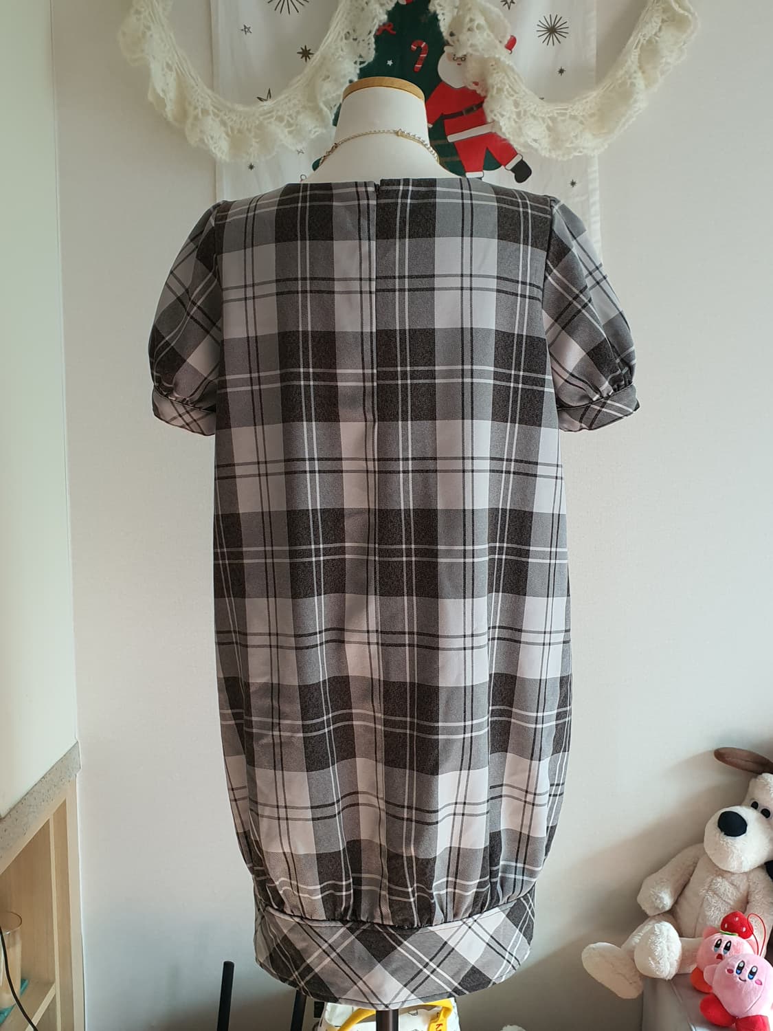 [모리걸] 체크무늬 반팔 벌룬 원피스 상품이미지3