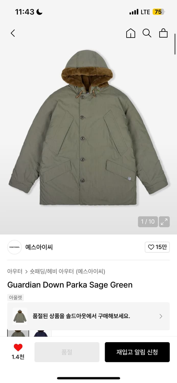 예스아이씨 야상파카Guardian Down Parka Sage Green 상품이미지1