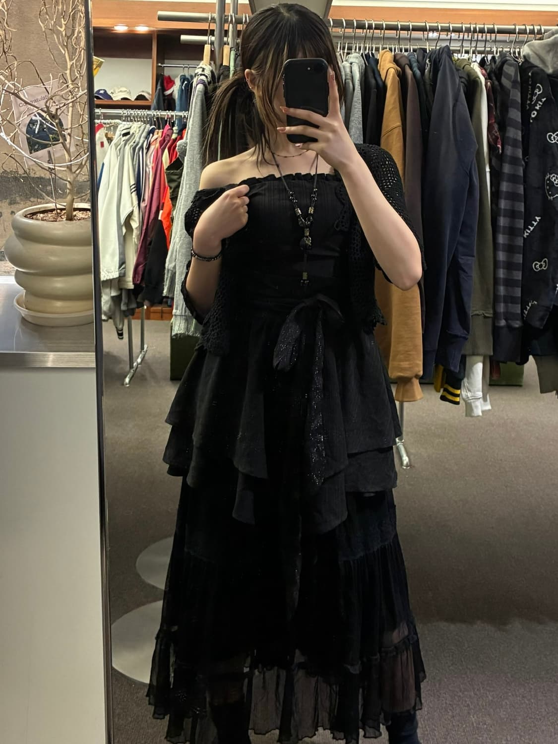 M)Japanese vintage 여성 블랙 오프숄더 리본 탱크탑 원피스 상품이미지1