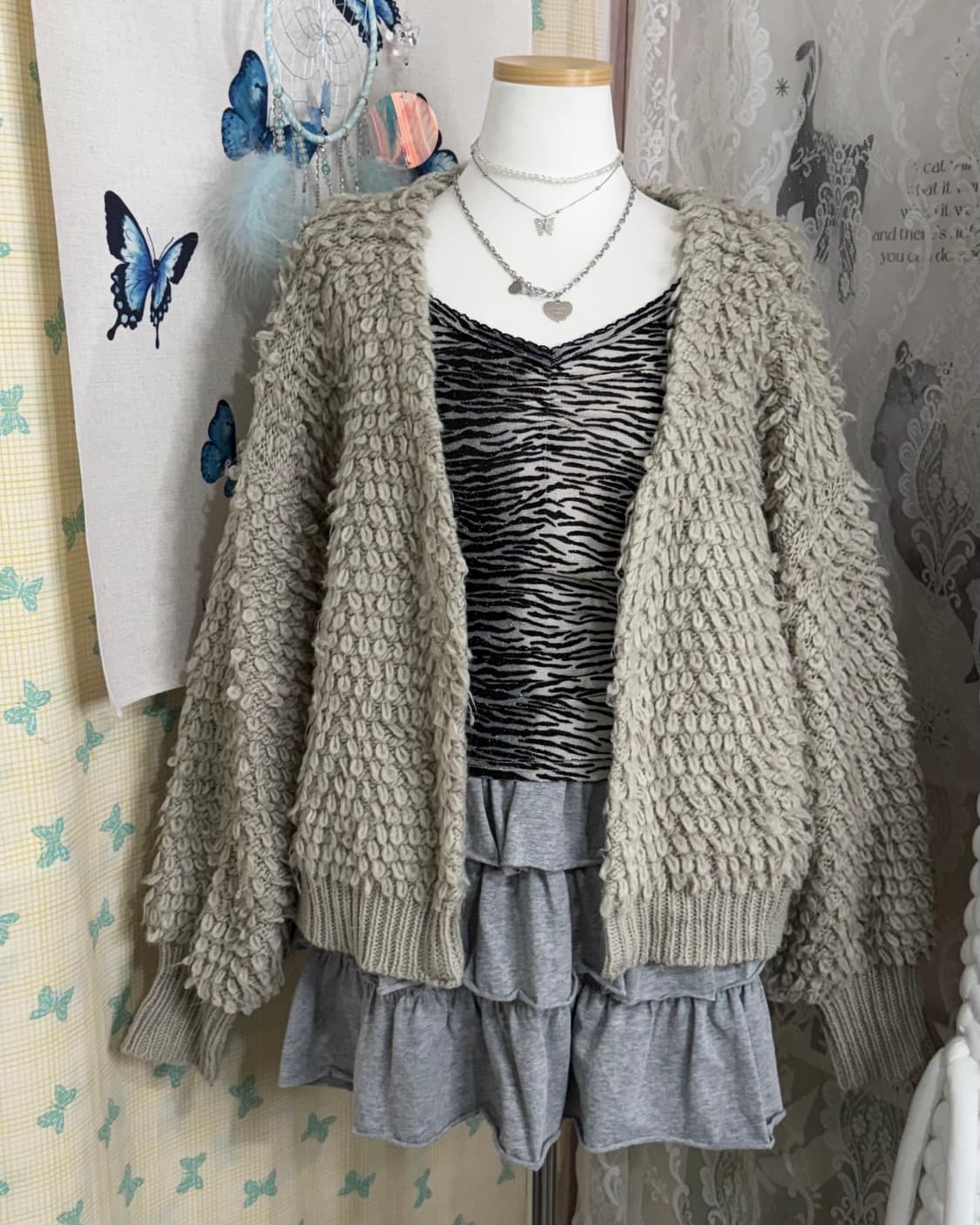 연카키 뽀글이 브이넥 오픈 가디건 상품이미지5