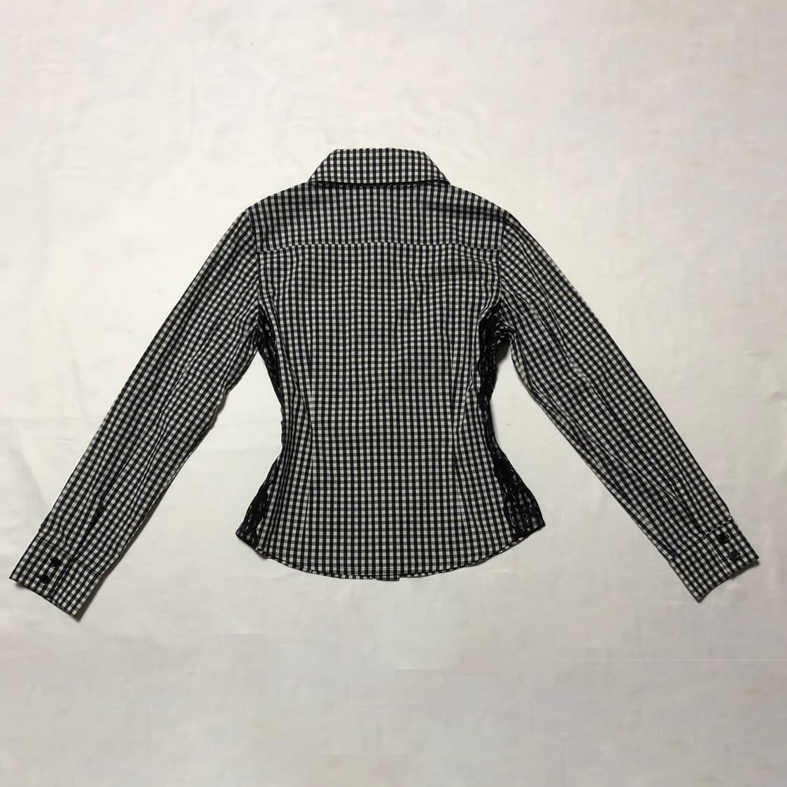 레이스 깅엄 체크 셔츠 블라우스 블랙 상품이미지2
