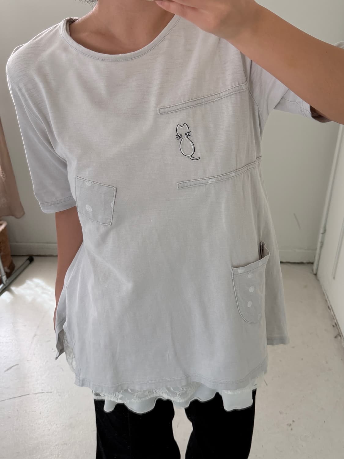 일본빈티지 모리 하구미 도트 고양이 반팔티 상품이미지3