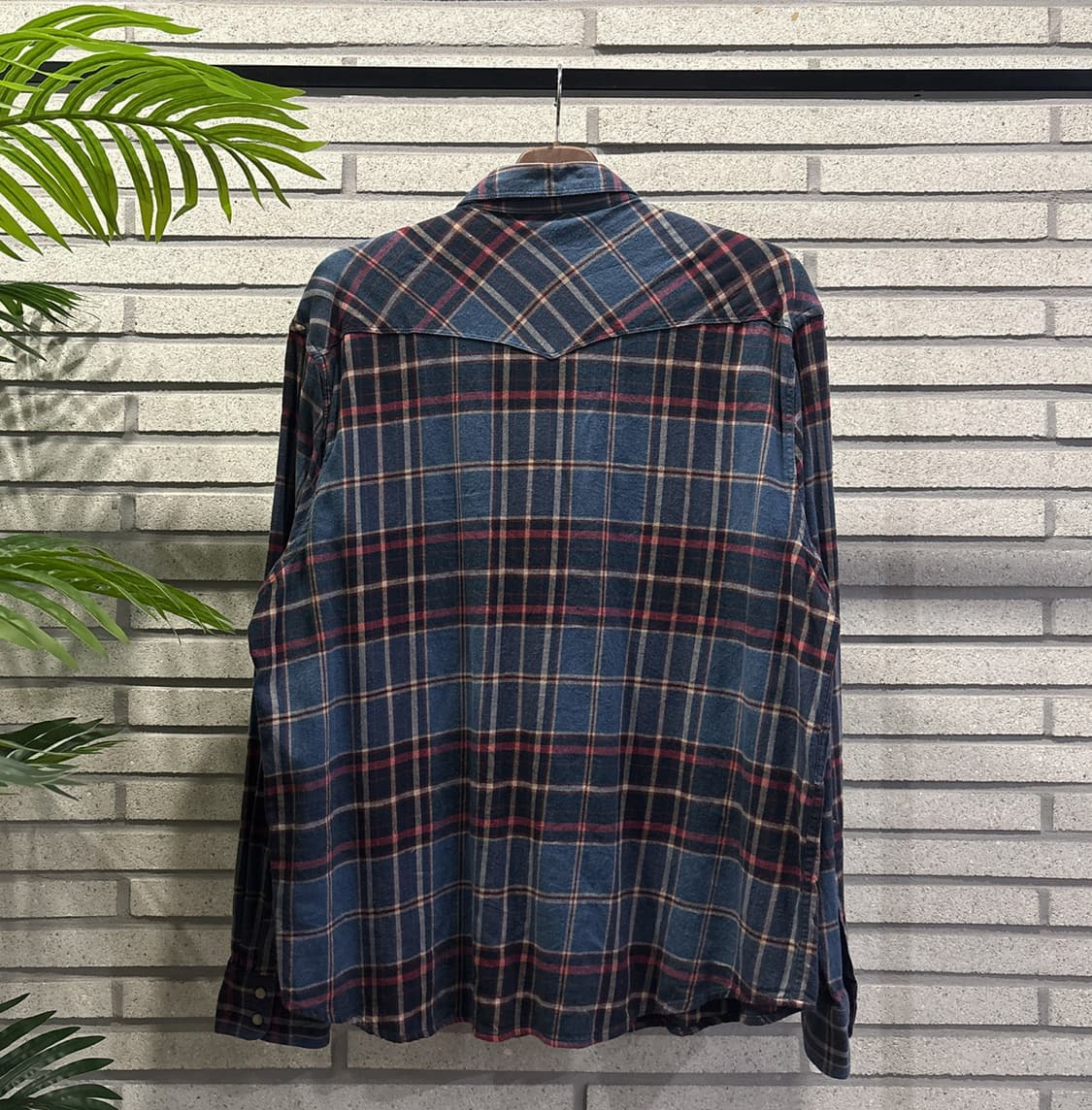 USA VINTAGE 볼드 타탄체크 플란넬 셔츠 웨스턴 요크 디테일 블루 상품이미지3