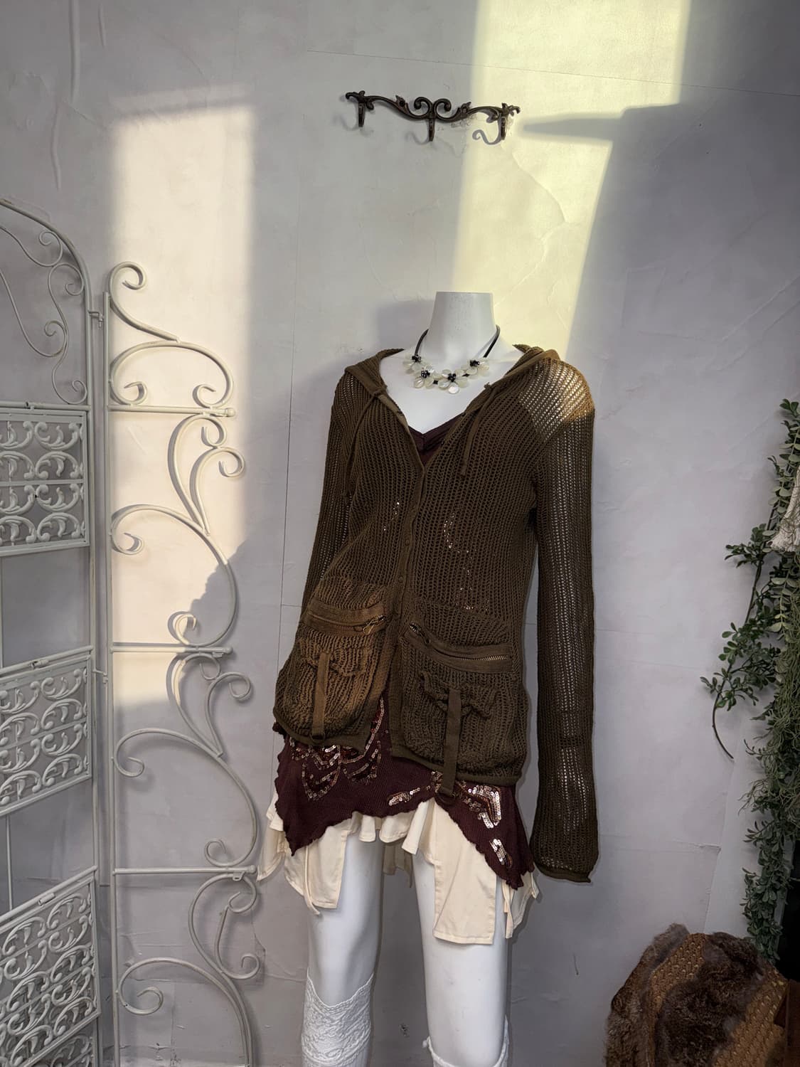 Khaki brown y2k pocket loose net hood jk 상품이미지2