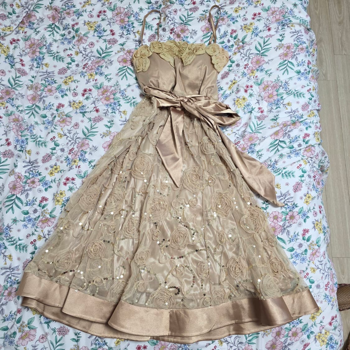 일본빈티지)로맨틱 히메라떼갸루 플로럴 스팽클 망사리본 파티댄스연주회드레스 상품이미지3
