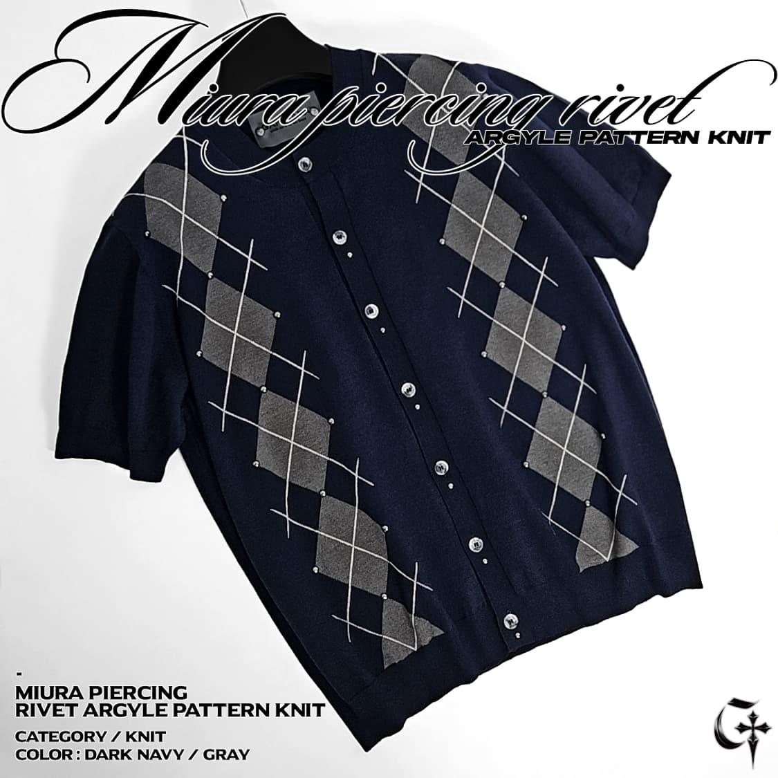 Miura 피어싱 리벳 아가일 패턴 니트 (dark navy) 상품이미지5