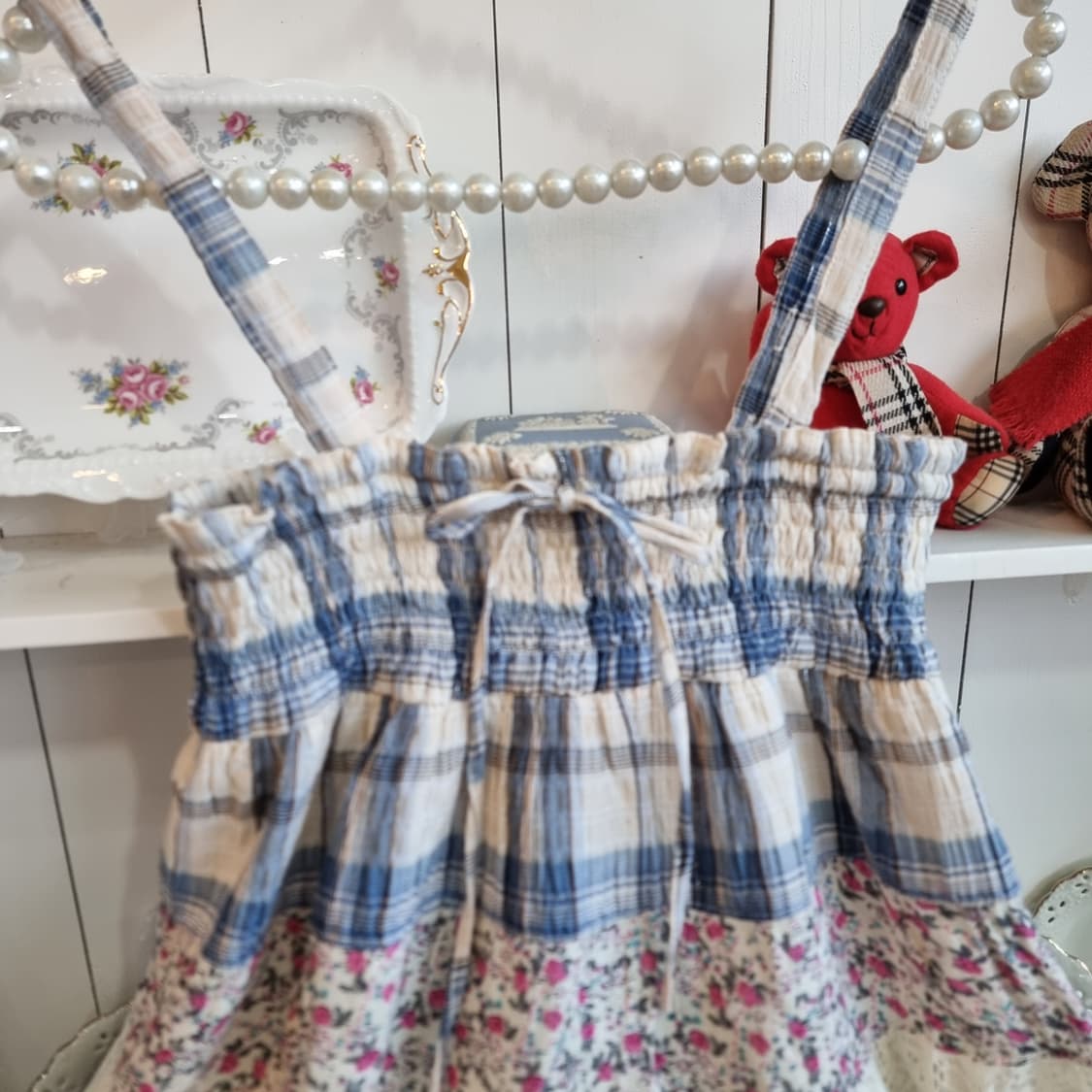 체크&플라워 레이어드 레이스 끈 원피스 상품이미지5