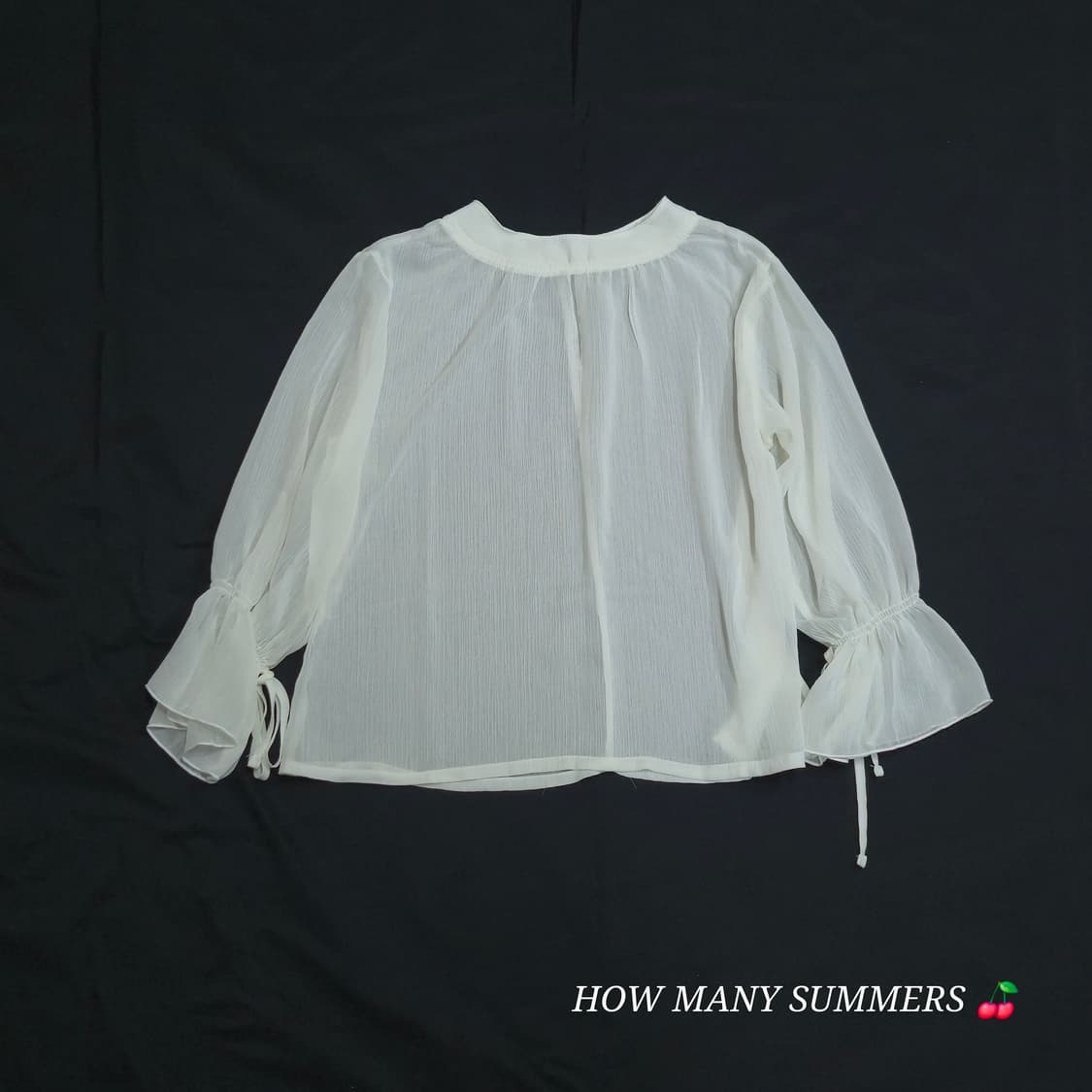 소매 리본 타이 요루 주름 시스루 화이트 블라우스 상품이미지1