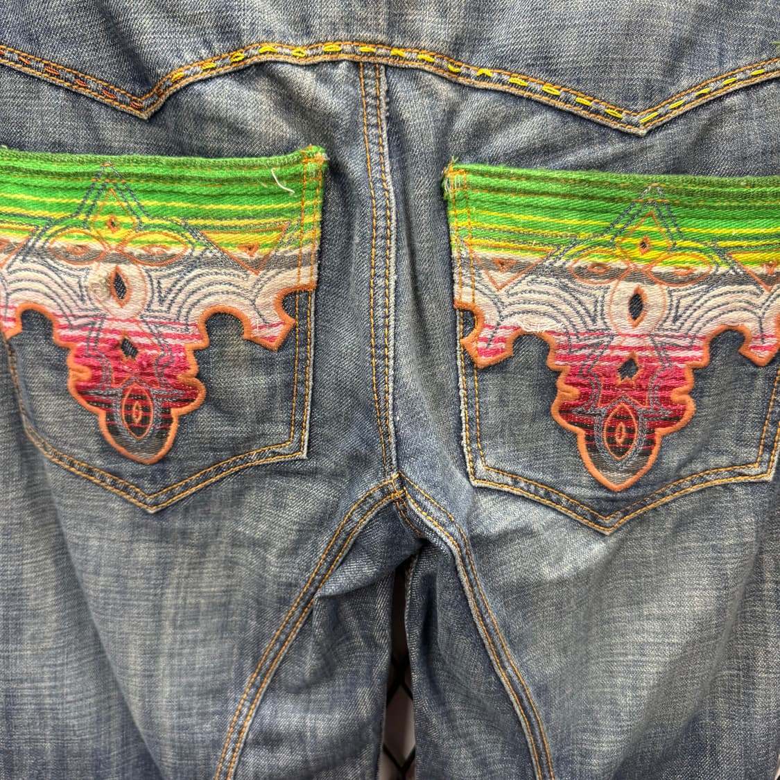 00s USA VINTAGE 데님 팬츠 후면 멀티컬러 자수 포인트 중청 상품이미지5