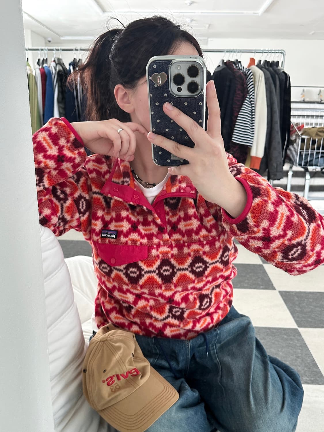 파타고니아 신칠라 레드 패턴 스냅 플리스 상품이미지1