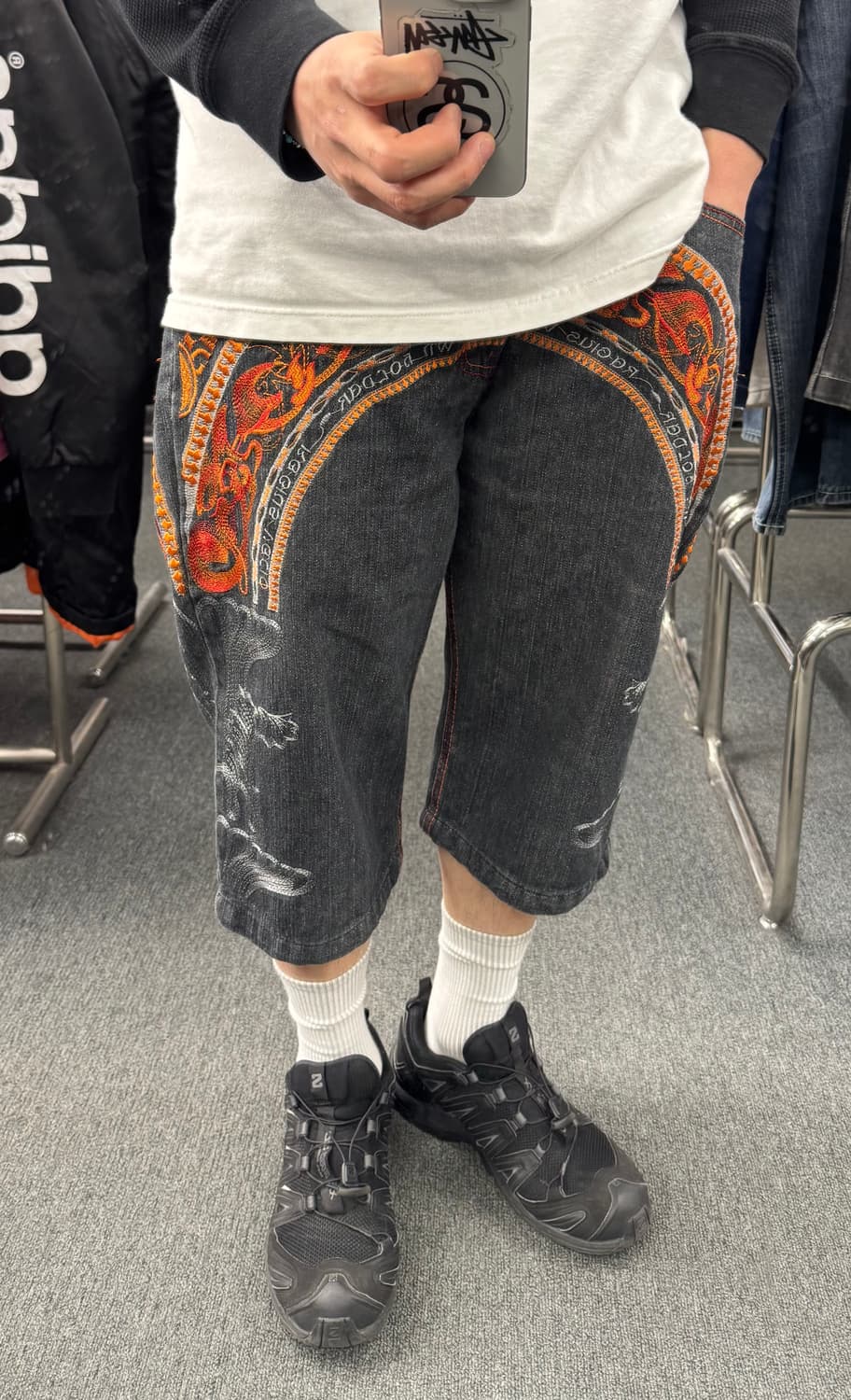 34) 크라운 홀더 자수 데님팬츠 반바지 흑청 상품이미지1