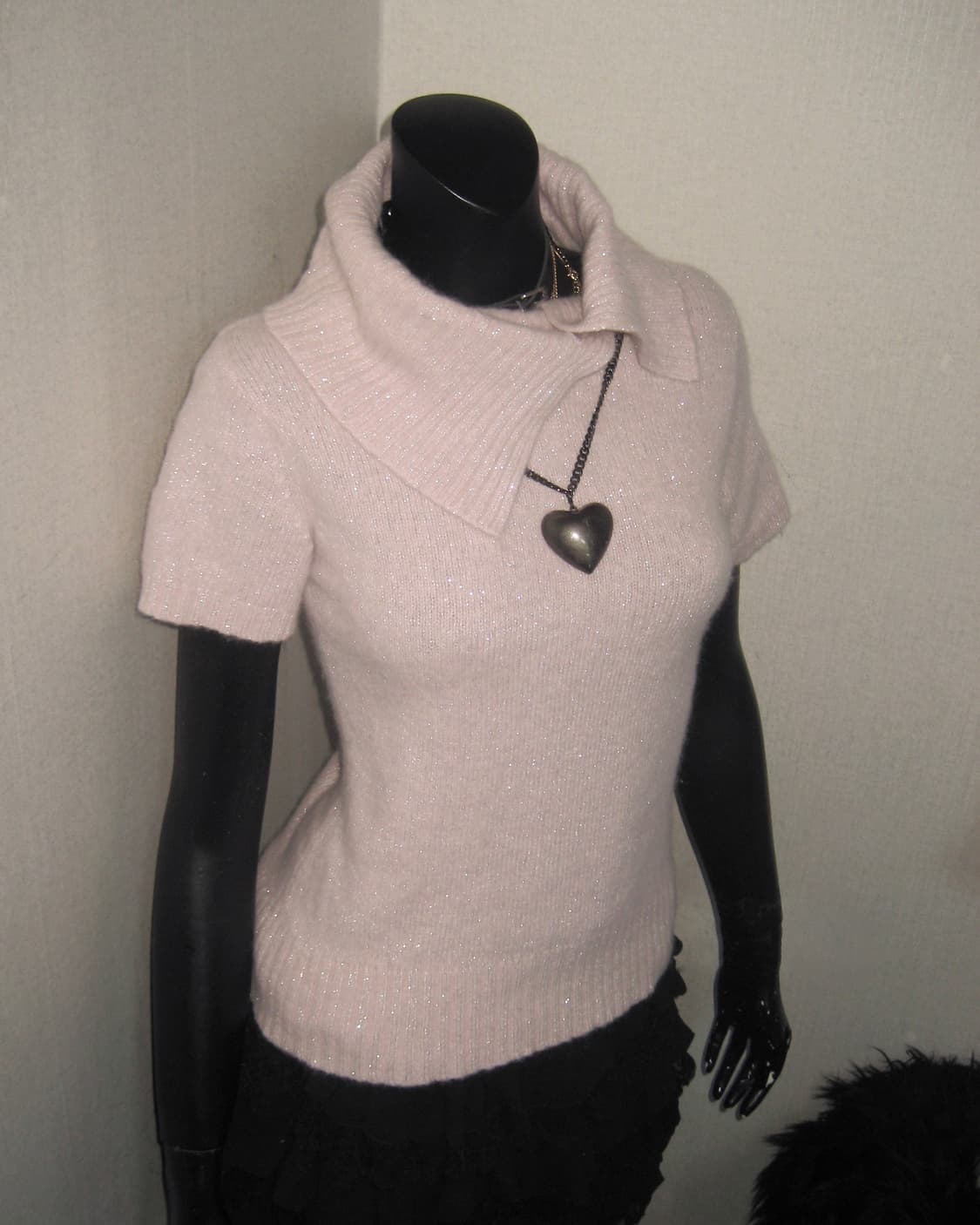 핑크 글리터 반팔 티셔츠 하이넥 니트 탑 히메갸루 상품이미지1