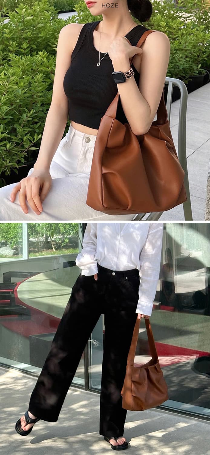 호제 (hoze) 개비 탄브라운 복스레더 카프스킨 셔링 숄더백 상품이미지10