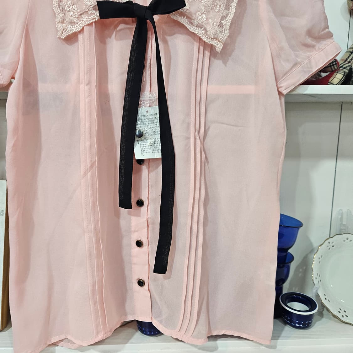 레이스 세일러카라 핑크 리본 블라우스 상품이미지5
