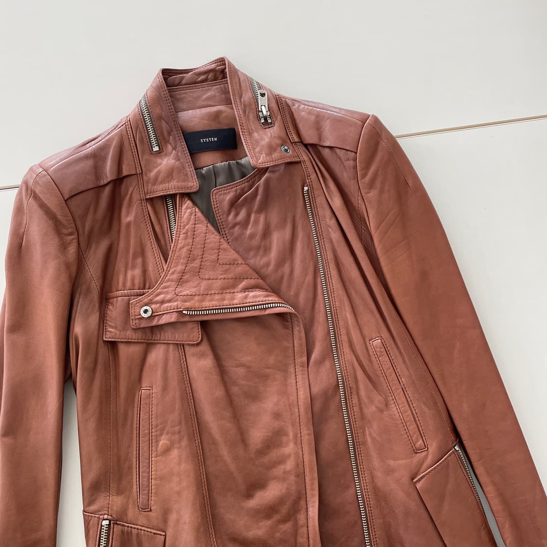 시스템 레더 자켓 지퍼 슬리브 스냅 버튼 디테일 브라운 y2k 펑크 상품이미지1
