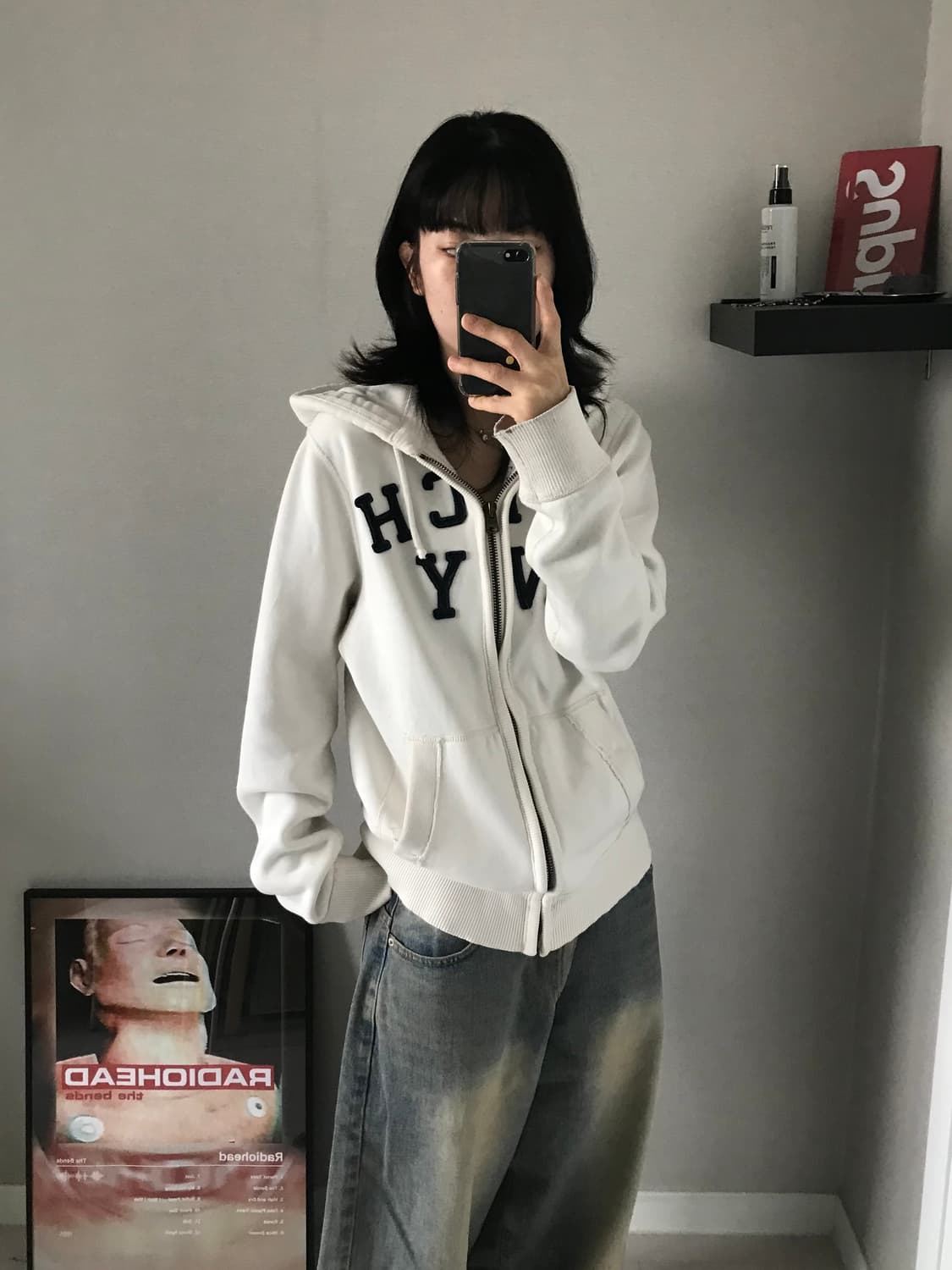 아베크롬비 헤비코튼 자수 로고 화이트 후드집업 상품이미지3