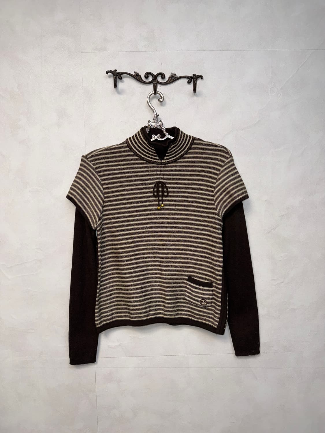 Dark brown stripe pocket layered knit 상품이미지4