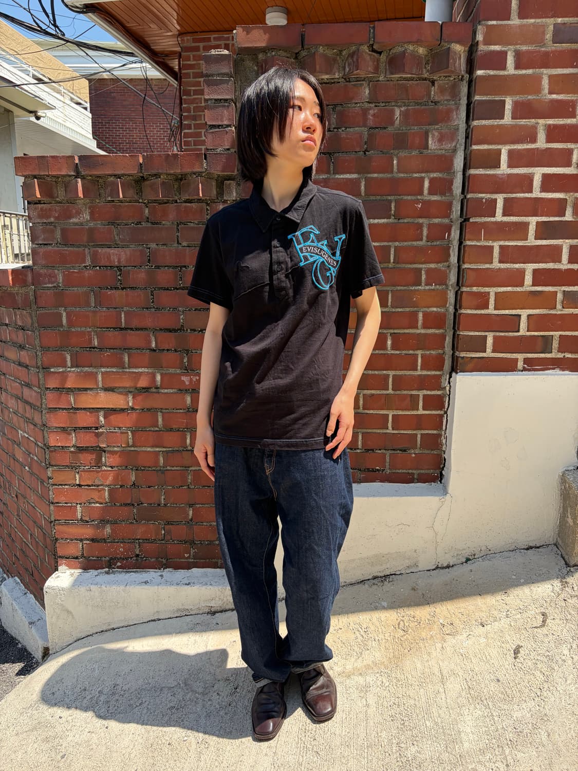 Evisu 블랙&블루 배색 반팔 카라 티셔츠 M 상품이미지4