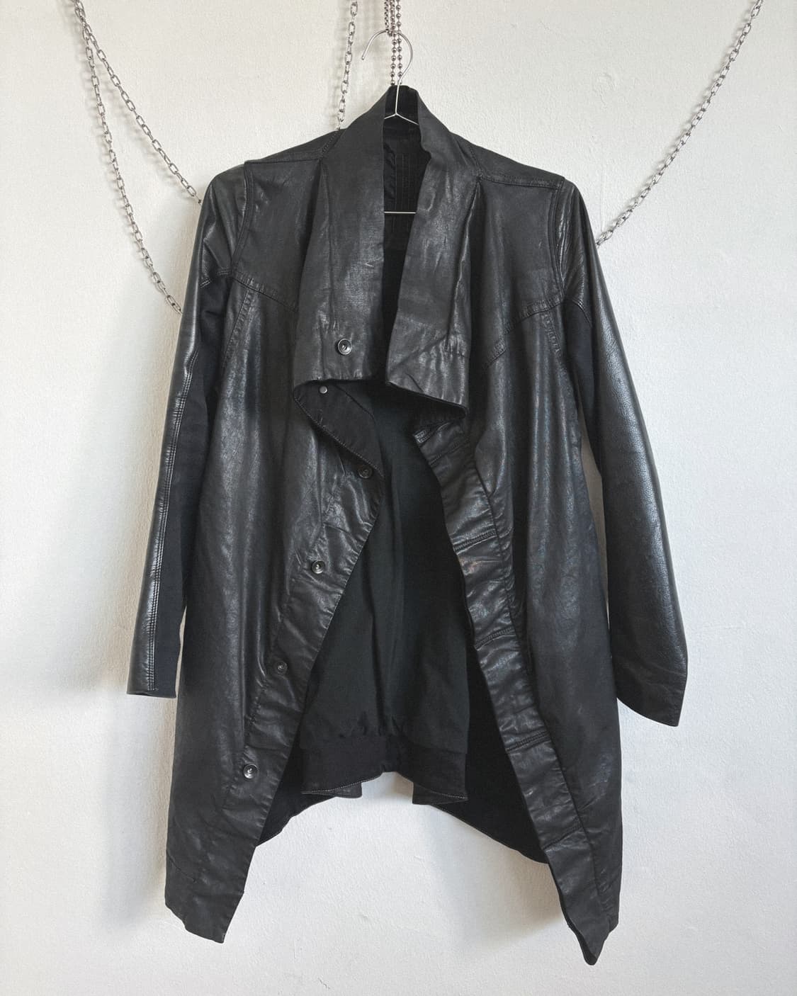 릭오웬스 하이넥 드레이프 왁스코튼 레더슬리브 코트 상품이미지5