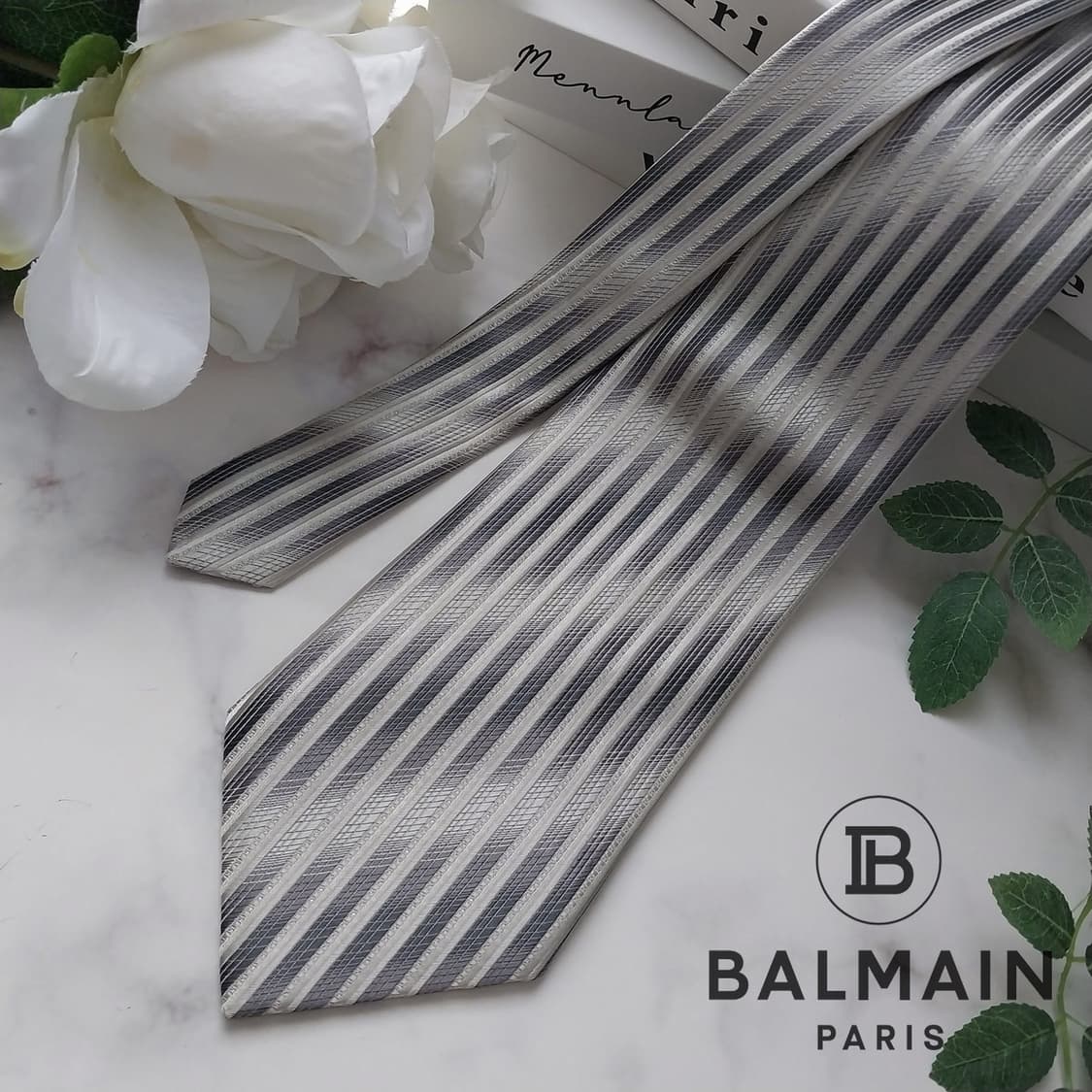 피에르 발망 실크 그레이 스트라이프 넥타이 9.6cm A+등급 K1045 상품이미지1