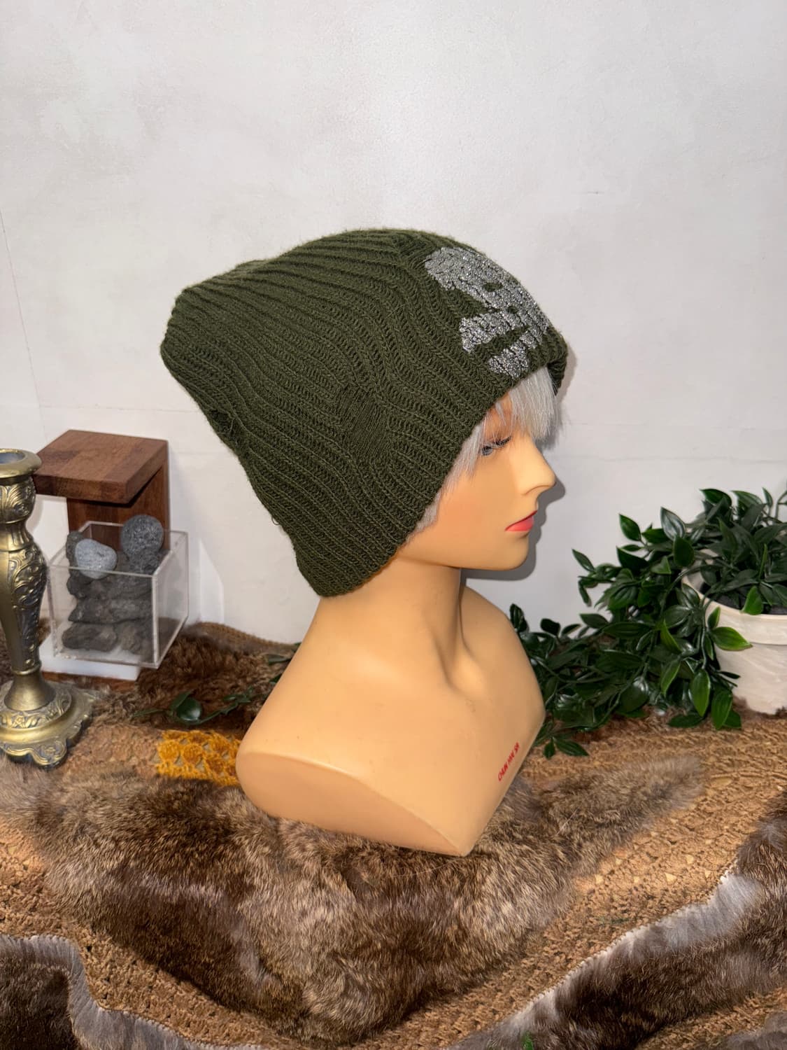 Khaki grunge damage skull loose beanie  상품이미지4