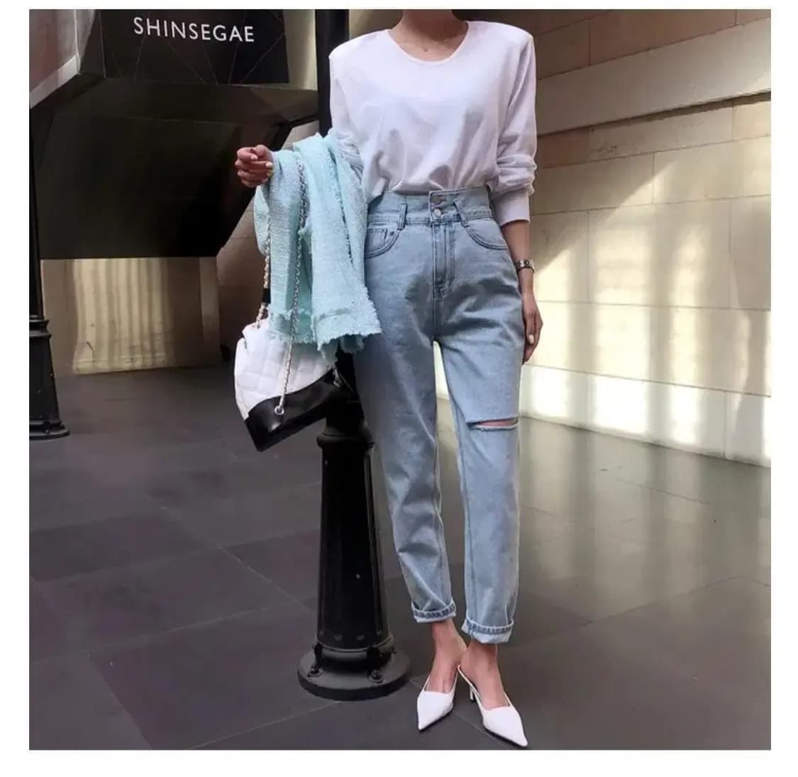 일자데님청바지팬츠찢청트임팬츠키작녀연청배기바지하이웨스트롤업바지빈티지 상품이미지1