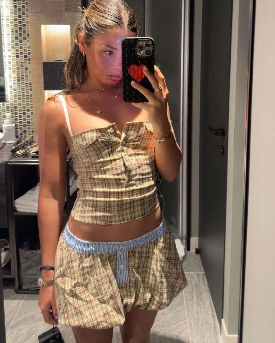 제니 제이디드 런던 브라운 체크 룰루 퍼프볼 복서 마이크로 스커트&탑 상품이미지8