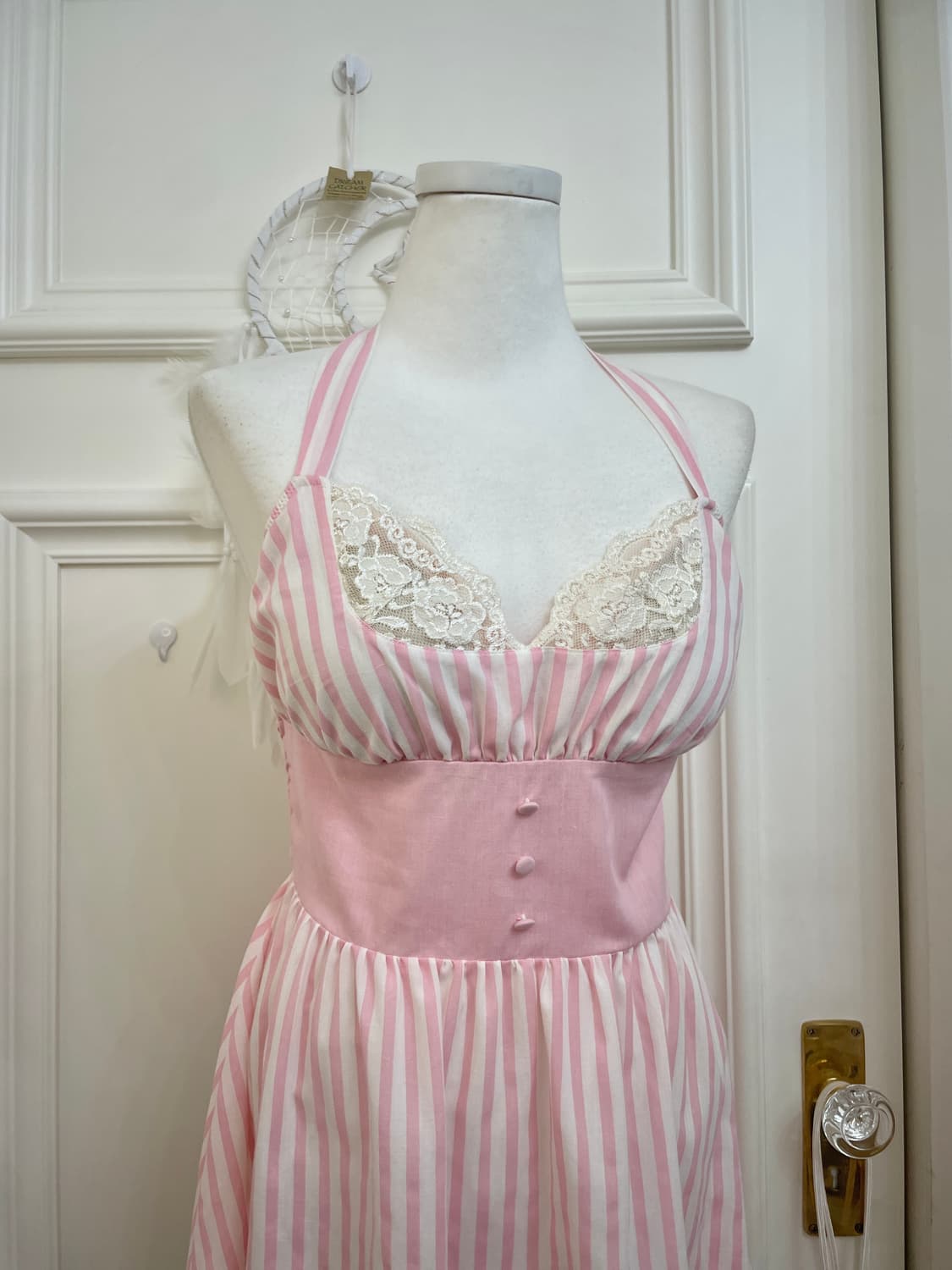 pink white stripe lace bow cotton halter 상품이미지5
