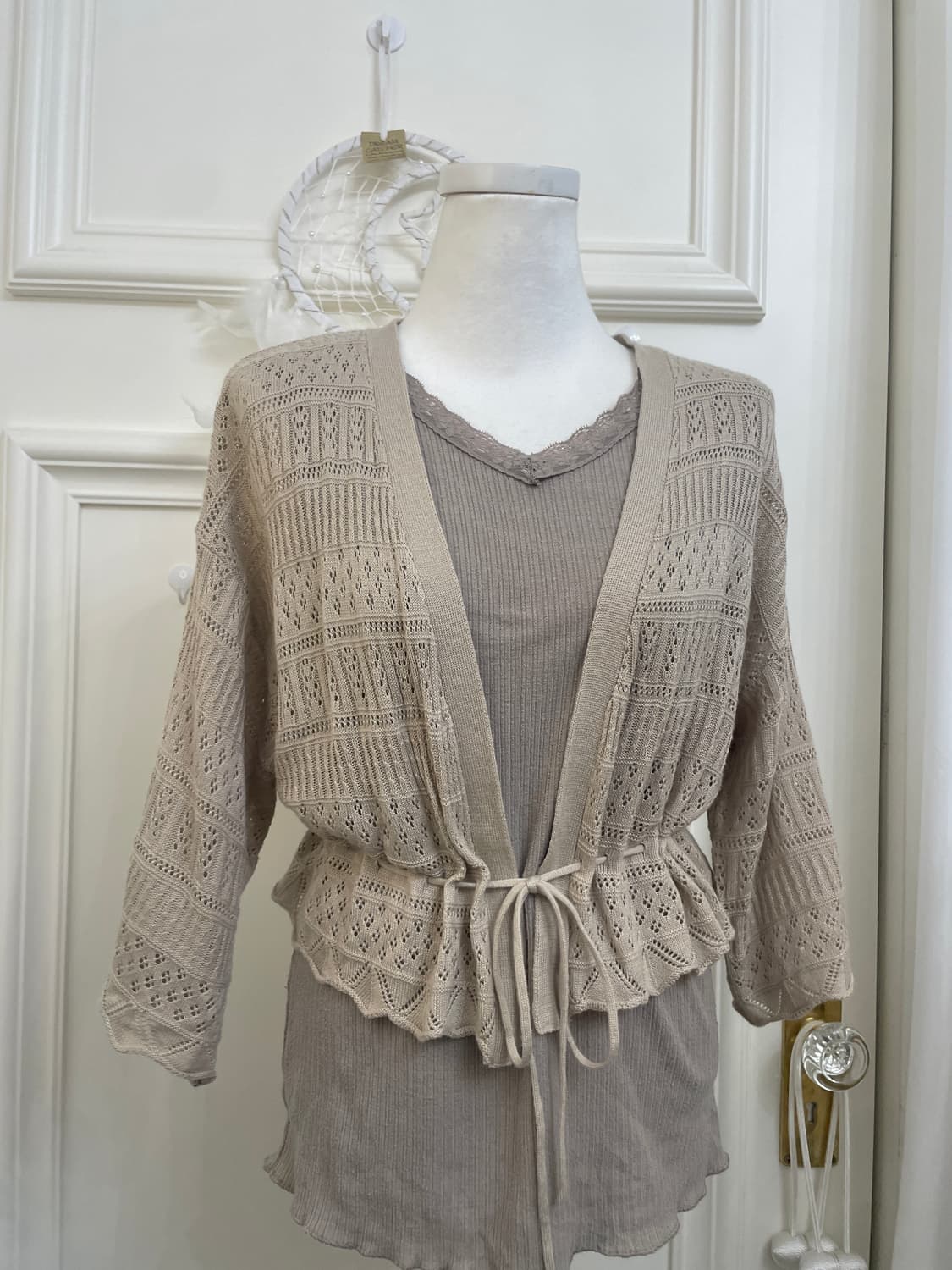 beige crochet cardigan&lace shirring sle 상품이미지5