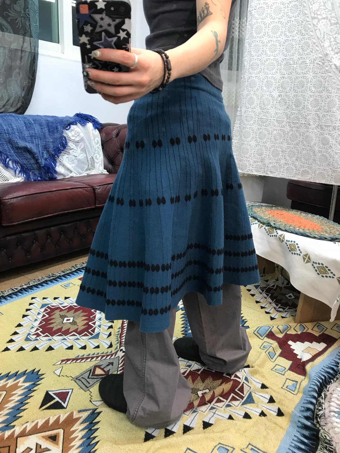 빈티지 여성 도트 스트라이프 밴딩 니트 미디스커트  상품이미지2