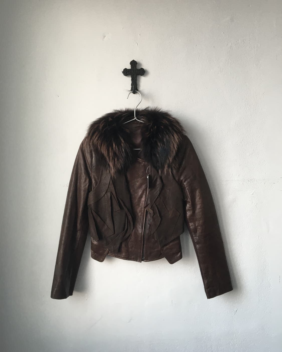 Raccoon fur collar leather jacket 상품이미지2