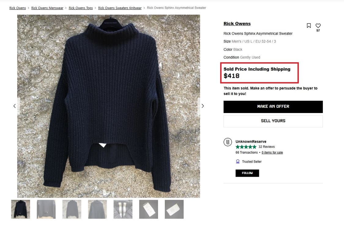 릭오웬스 15FW "SPHINX" 울 터틀넥 비대칭 스웨터 블랙 상품이미지10