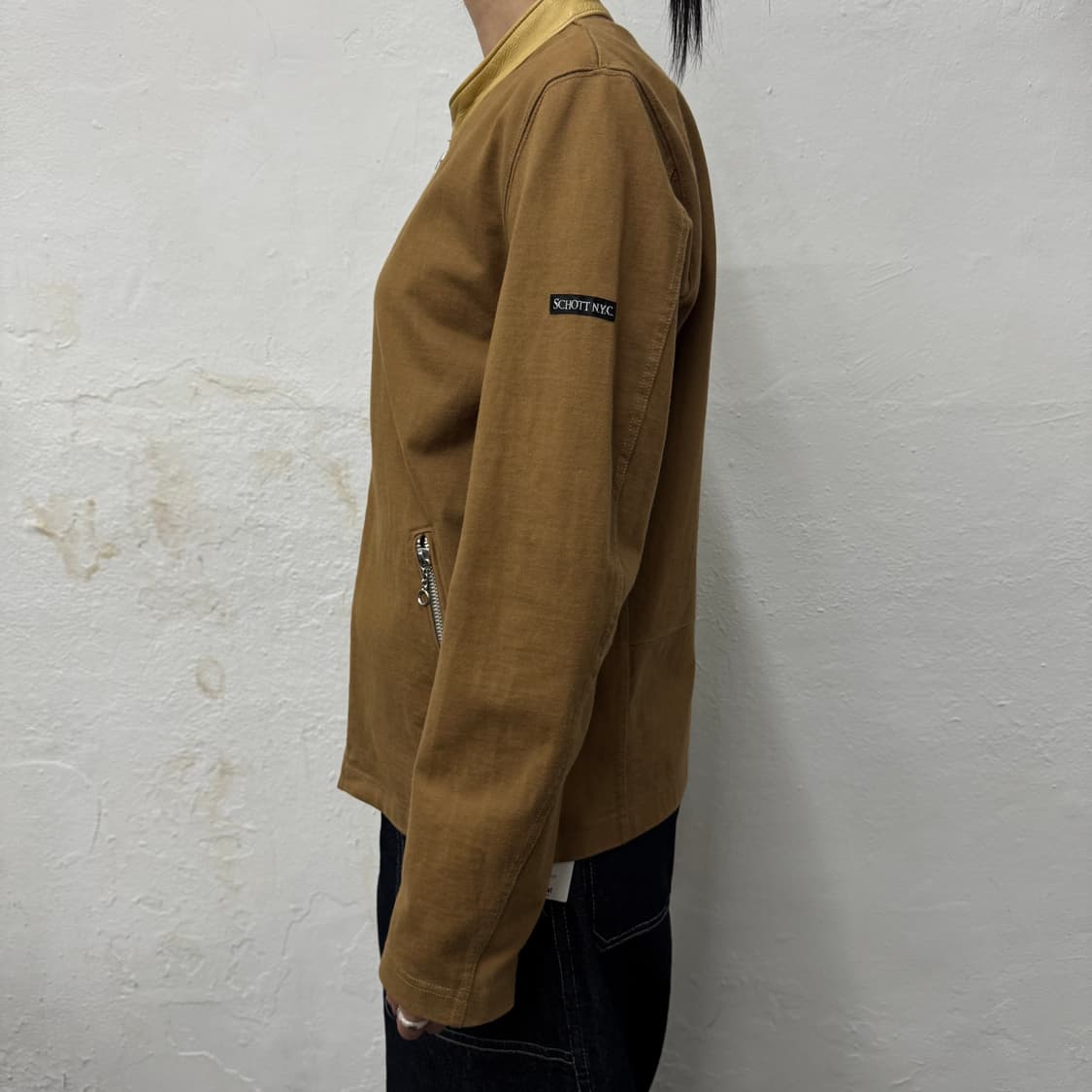 쇼트(Schott) 브라운컬러 코튼 리얼 레더 칼라넥 라이더스 자켓 상품이미지2