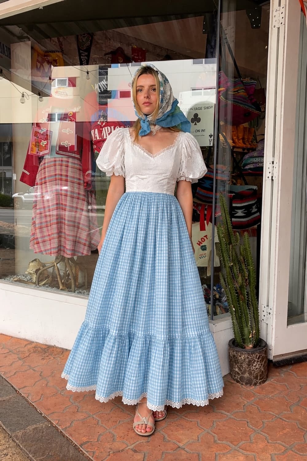 70s Prairie Dress 블루킹엄체크 빈티지 드레스 상품이미지3