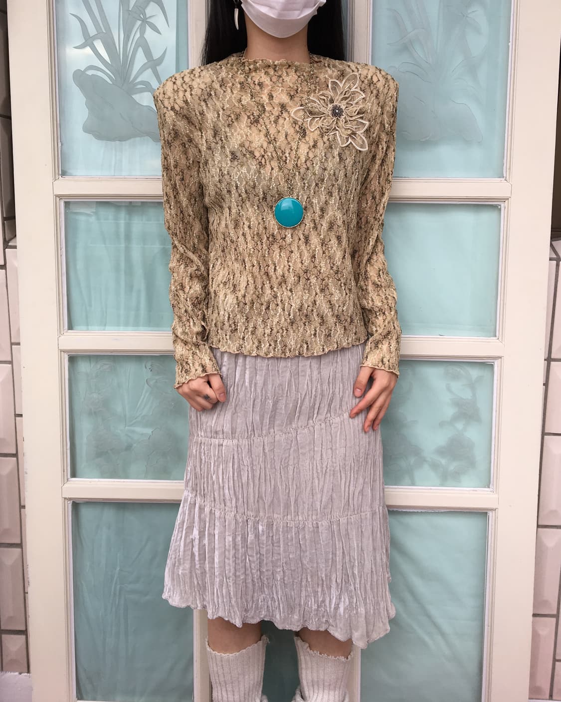 Corsage point lace high neck sleeve 상품이미지1