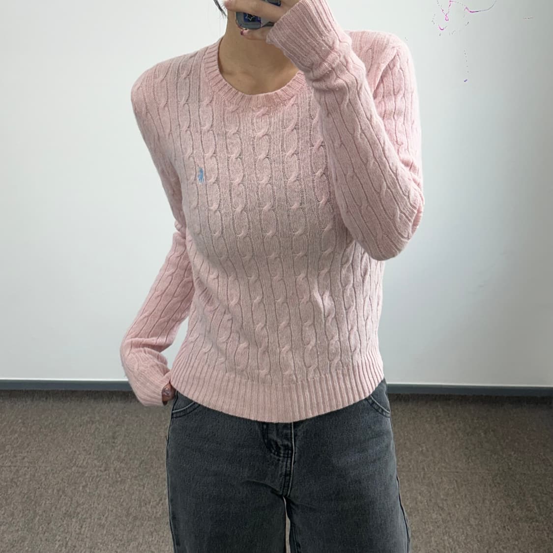 Polo 폴로 스카이블루 포니 라이트핑크 케이블 니트 상품이미지1