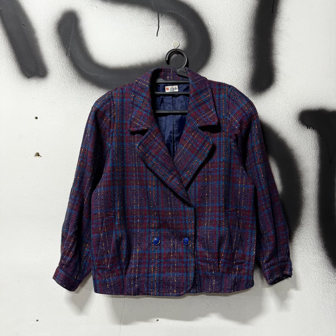 VTG 빈티지 울 100% 체크 패턴 트위드 더블 자켓 상품이미지1