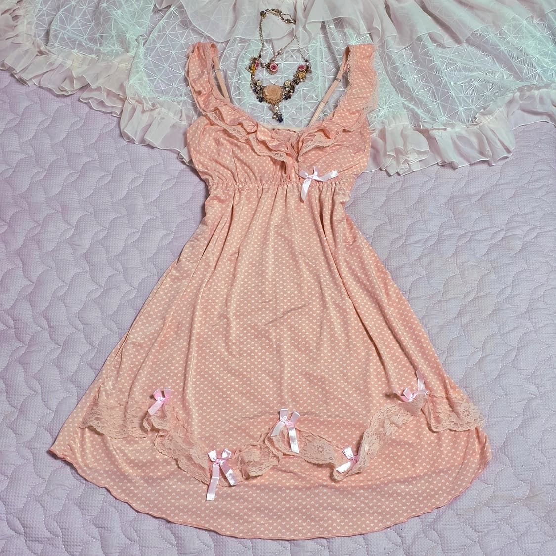 일본빈티지)핑크 하트 레이스 리본 리즈깔 히메갸루 로맨틱 슬립란제리원피스 상품이미지1