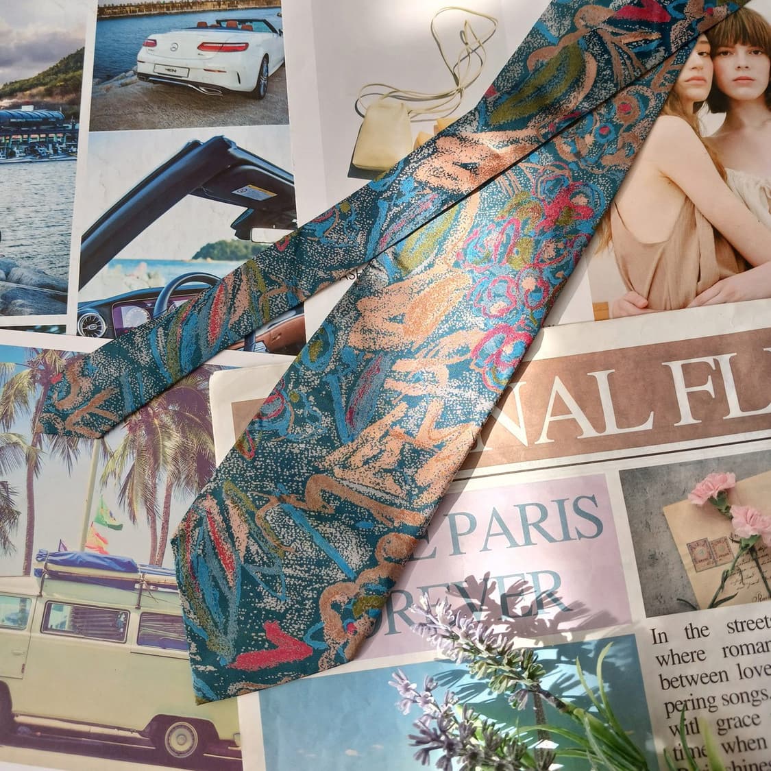 시나왓라 타이 실크 블루 아트 패턴 넥타이 9.6cm B등급 A19437 상품이미지3