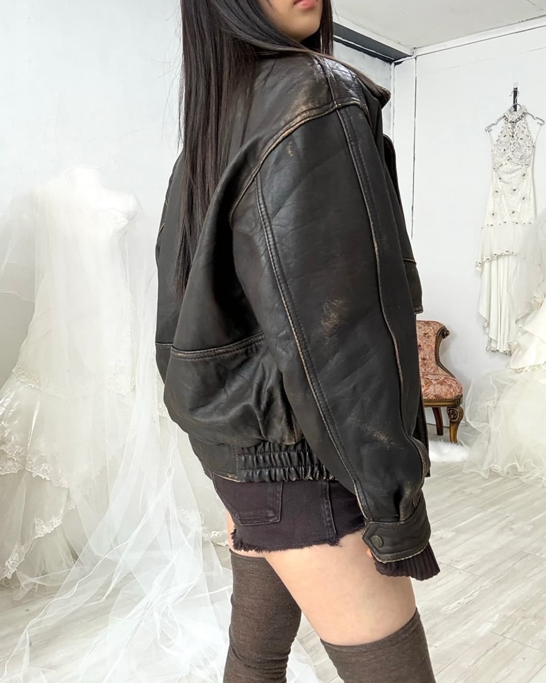 Deep Dark Brown Sheepskin Bomber Jacket 상품이미지4