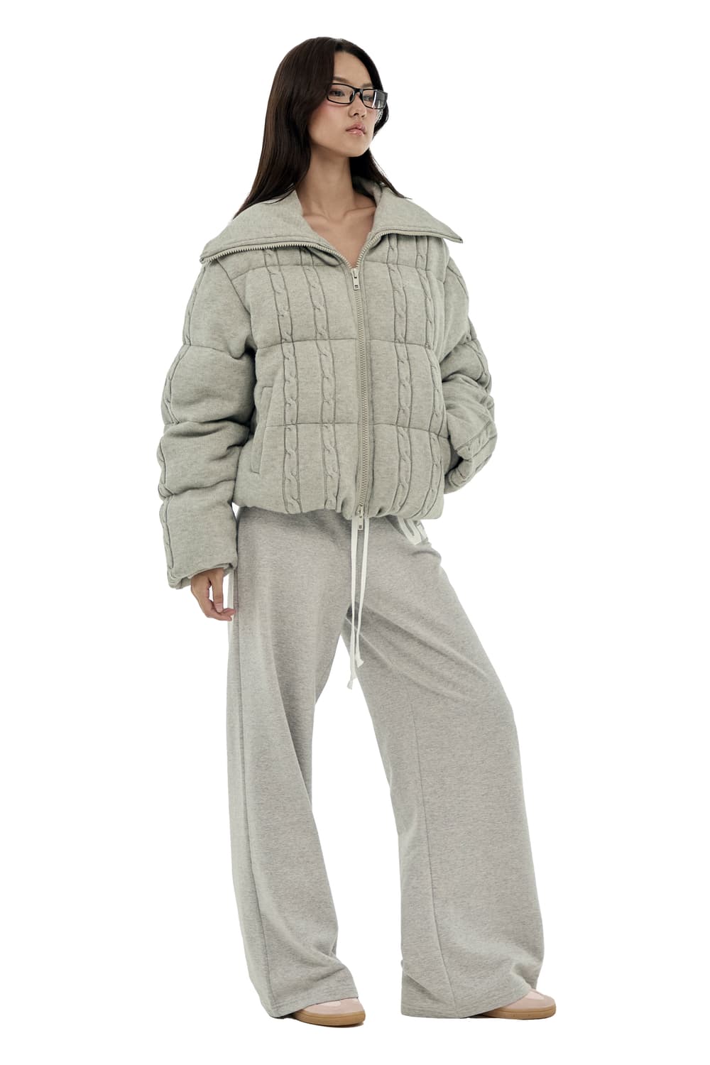 클리시어 케이블 니트 푸퍼 패딩 그레이 상품이미지2