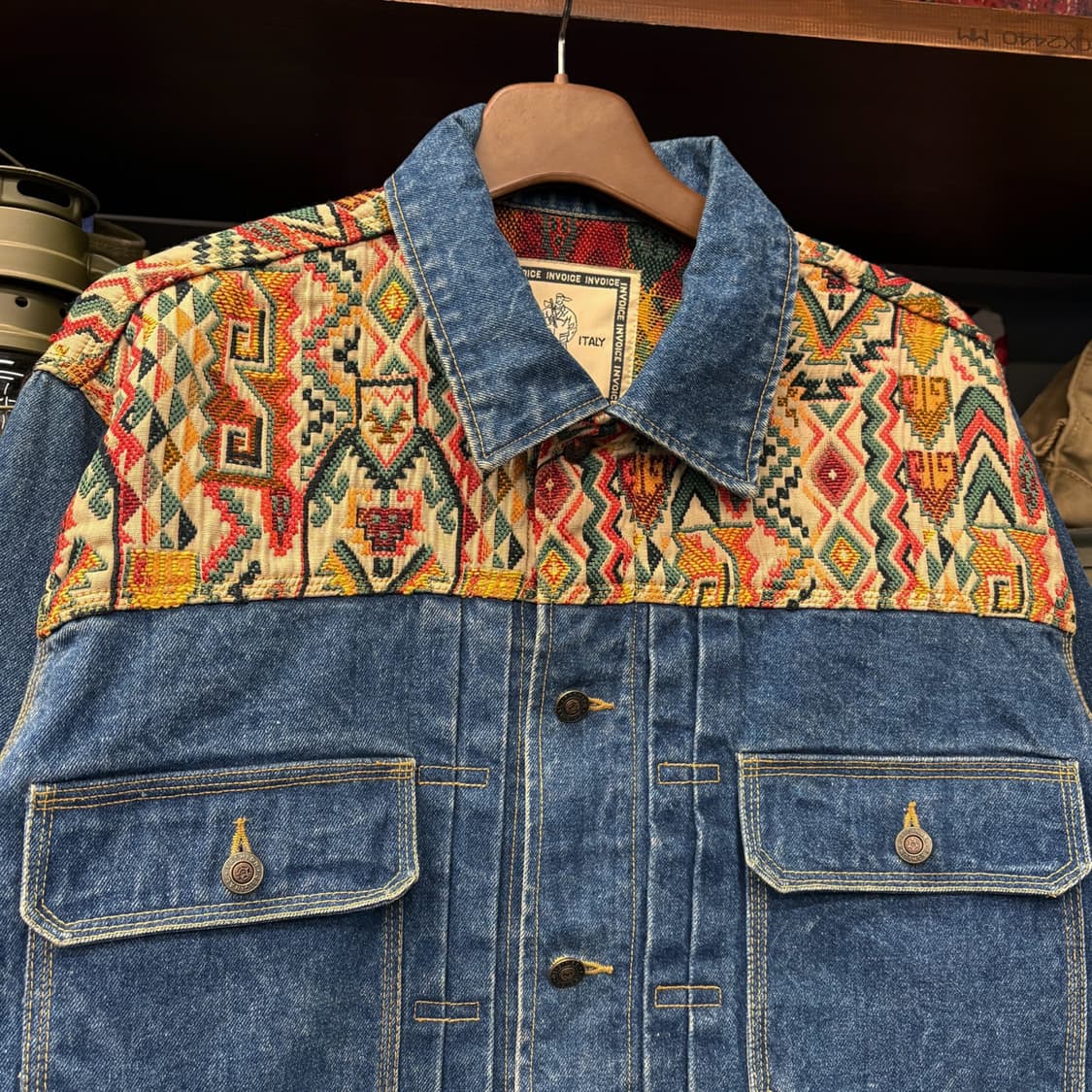 90s JPN 멀티컬러 자카드 아즈텍 자수 숏 데님 트러커 자켓 N580 상품이미지3