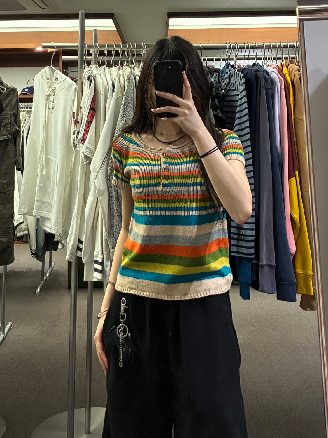 M-L)Japanese vintage 여성 단추 줄무늬 반팔 니트 상품이미지1