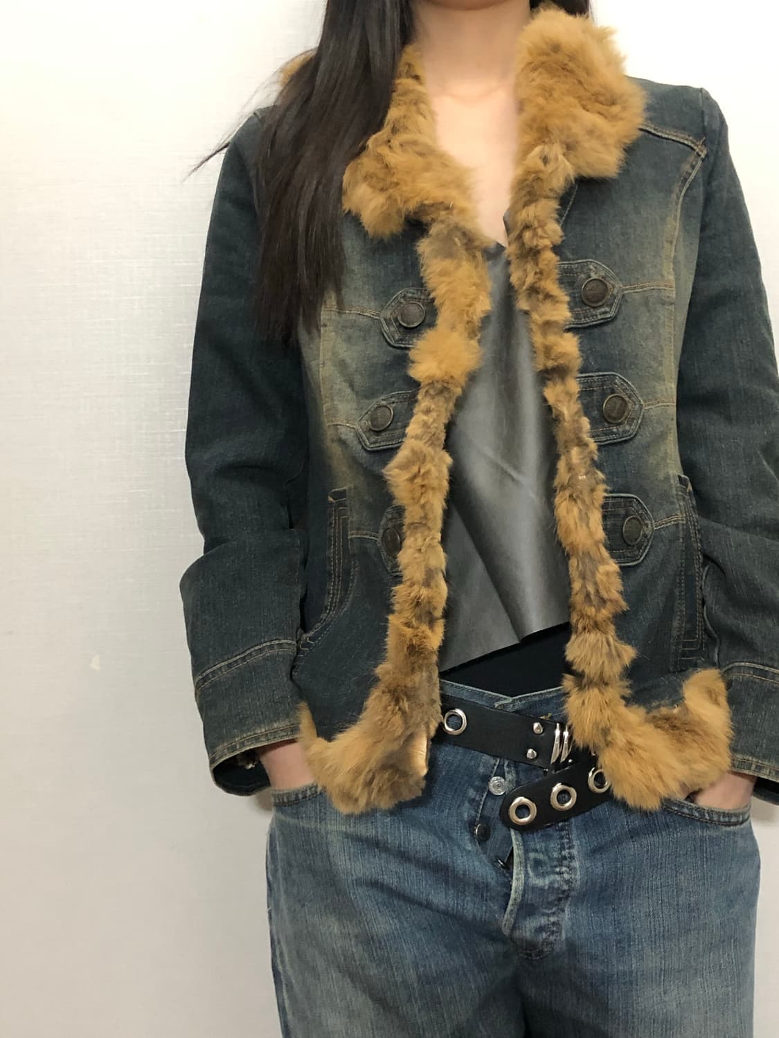 빈티지 브라운 래빗 퍼 데님 자켓 상품이미지5