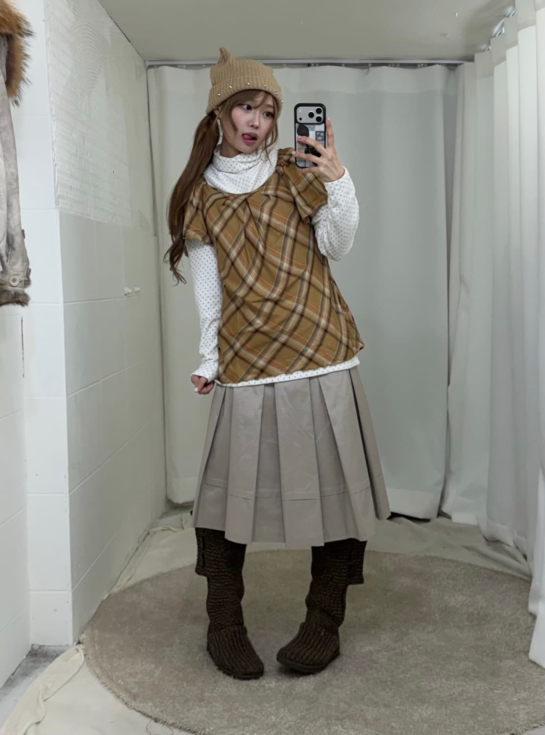 뮤트 베이지 아일렛 레더자켓 모리걸 니혼진 코디세트 상품이미지3