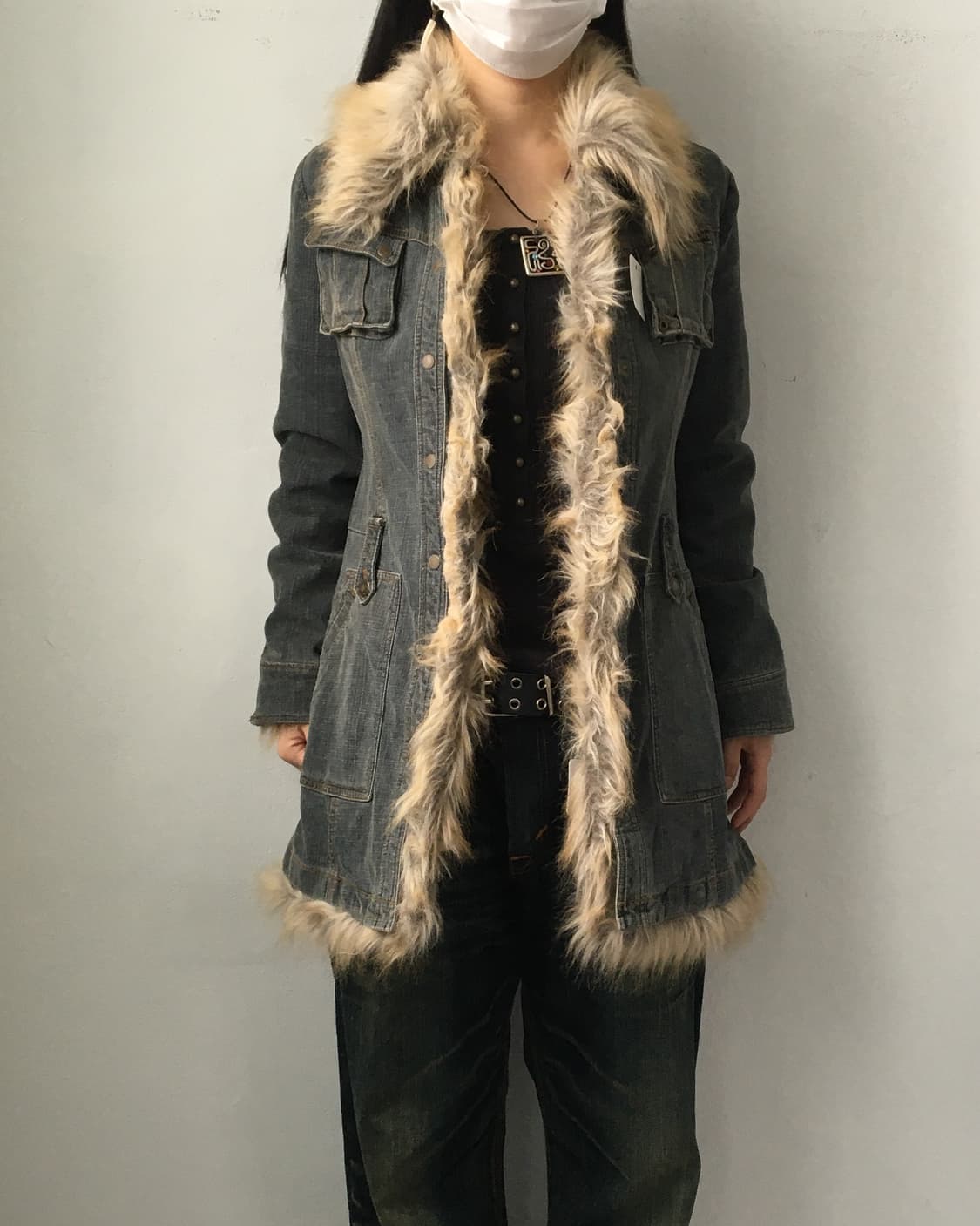 Belted fake fur trimming denim jacket 상품이미지2