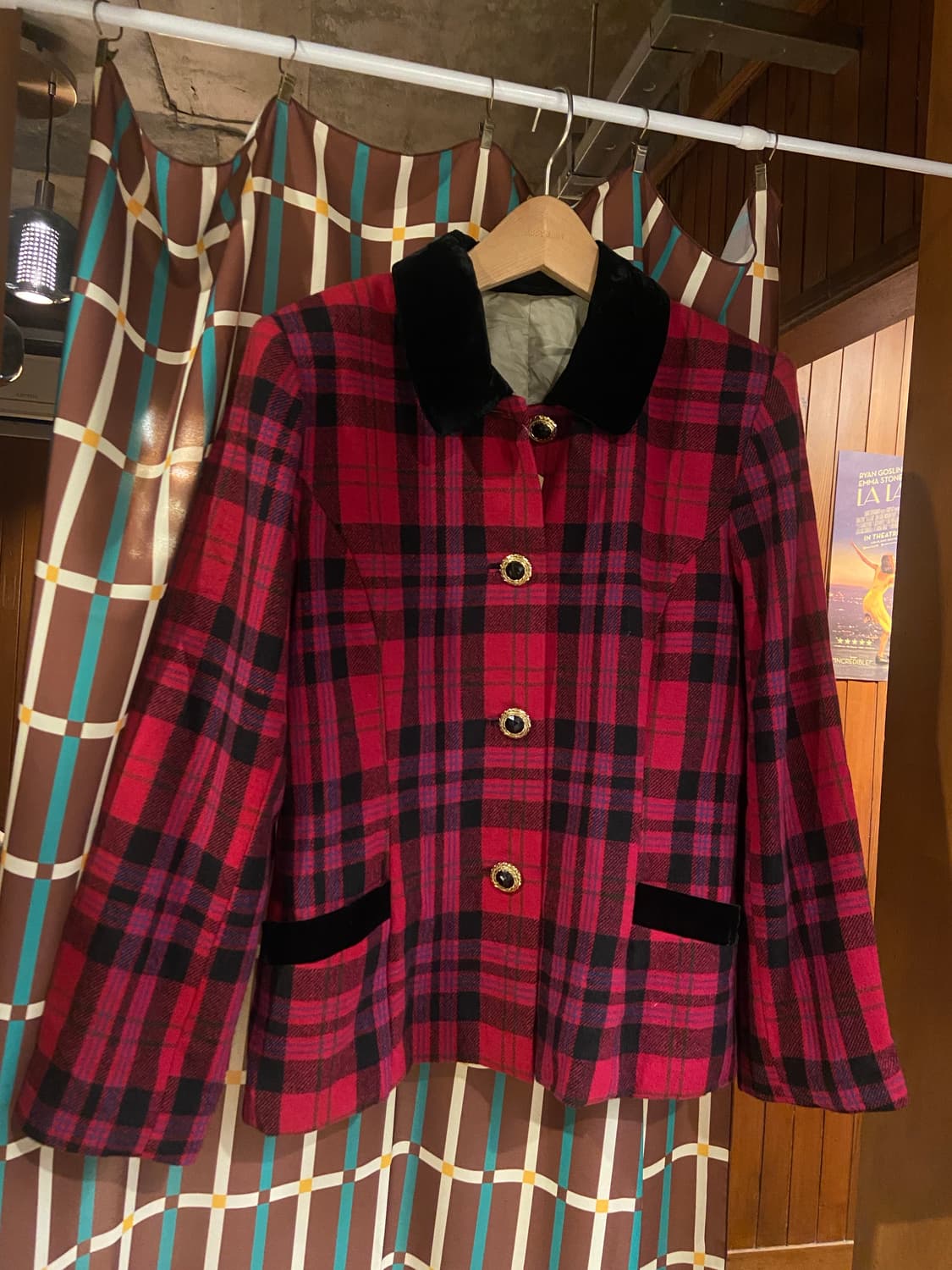 일본 체크 패턴 벨벳 카라 자켓 상품이미지1